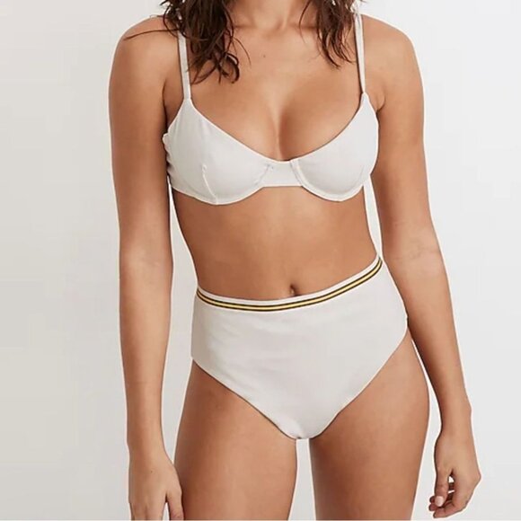 NWT Madewell Bikini Set Cream Stripe Retro Yellow Size Medium High Waisted - Picture 1 of 9